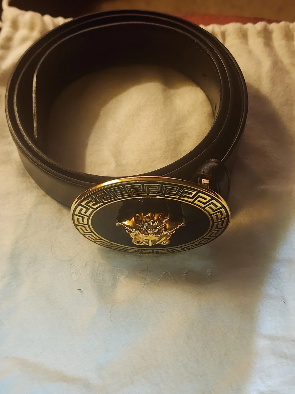 Versace Black and Gold Medusa Oval Buckle Belt
